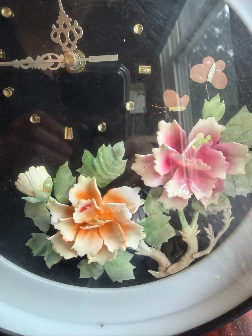 Vintage Chinese Jade Flower Shadow Box Clock